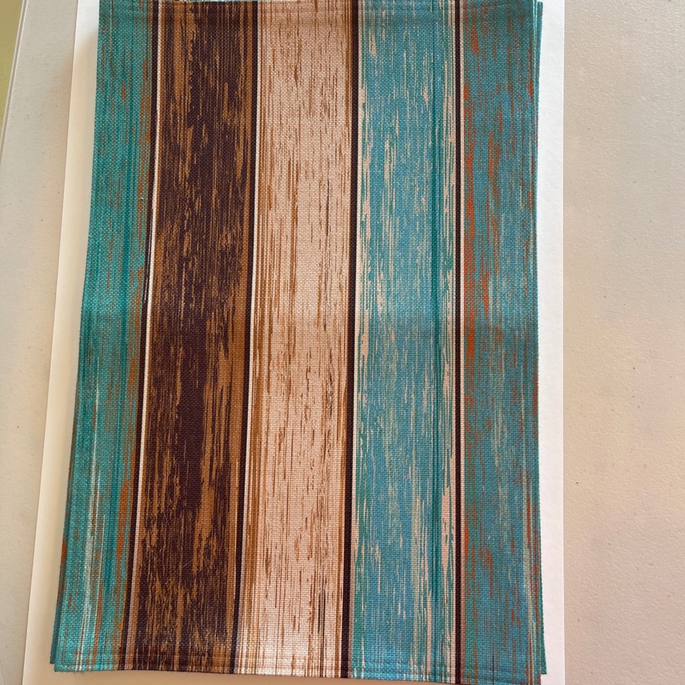 Rustic Wood Fabric Placemat Set‎ of 6 Brown, Cream, Blue 12x18" White Backing